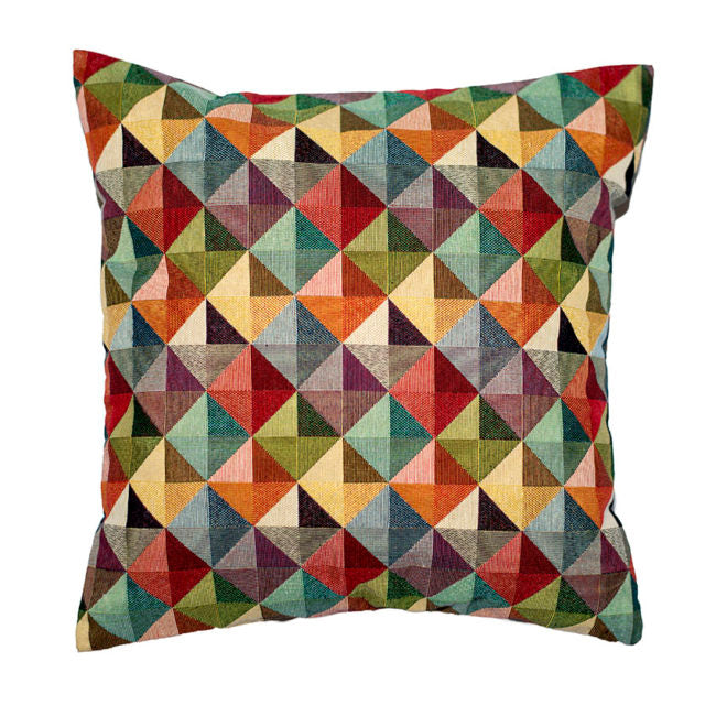 Cojín Poliedro con estampado geométrico multicolor, vista frontal. Ana de Valle. Remolona.