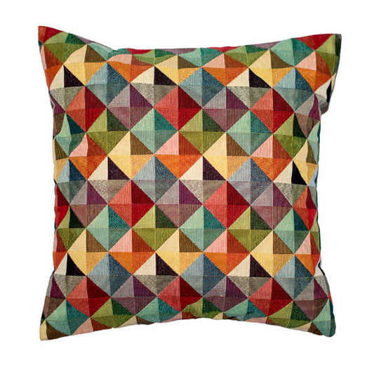Cojín Poliedro con estampado geométrico multicolor, vista frontal. Ana de Valle. Remolona.